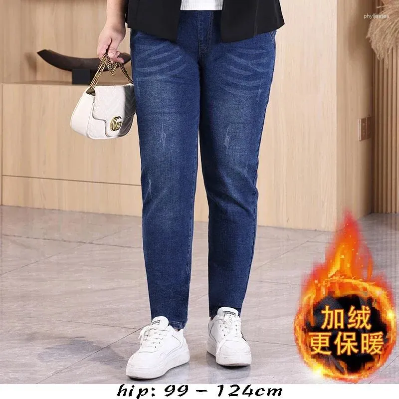 Jeans da donna Pantaloni invernali caldi di alta qualità per donna Taglie forti Tessuto elasticizzato in vita elastica Pantaloni con fodera in denim di cotone - Blu Nero