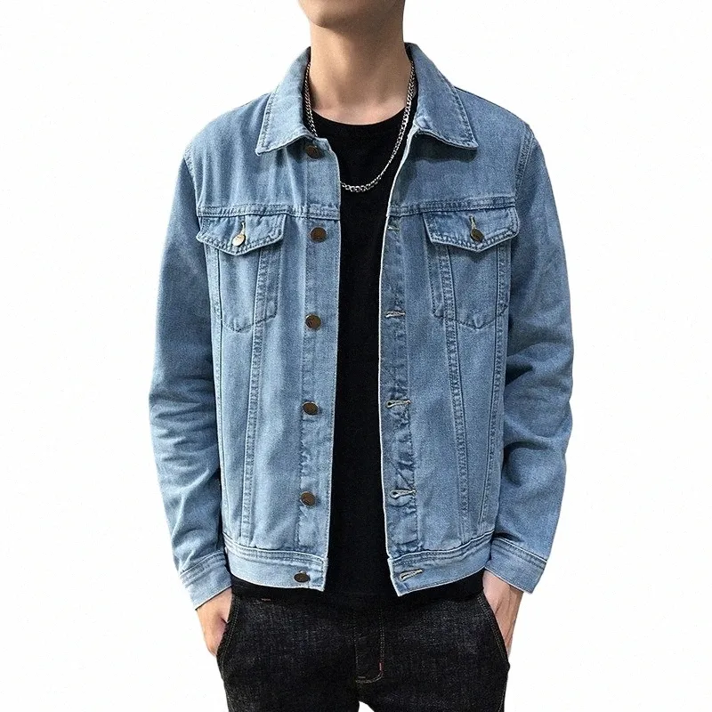 men Light Blue Denim Jackets Classic Solid Casual Jeans Coats High Quality Cott Jeans Jackets Men Autumn Slim Jacket Size 5XL M8g4#