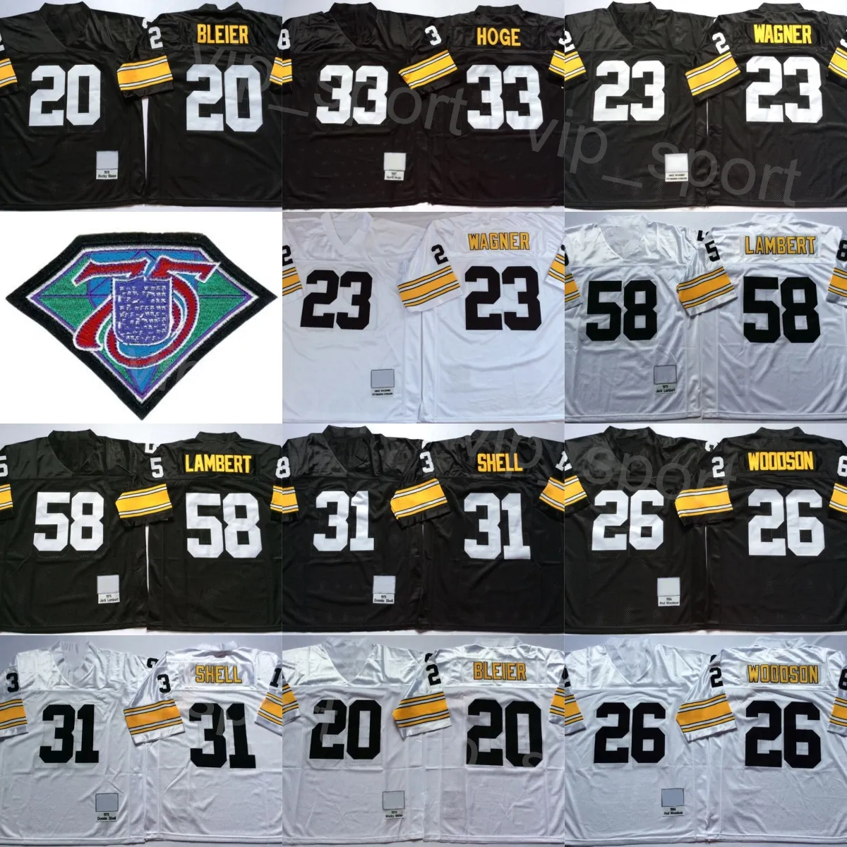 1967 1975 1994 Football rétro 58 Jack Lambert Maillots 31 Donnie Shell 26 Rod Woodson 23 Mike Wagner 33 Merril Hoge 20 Rocky Bleier Man 75e Vintage Couleur Noir Blanc