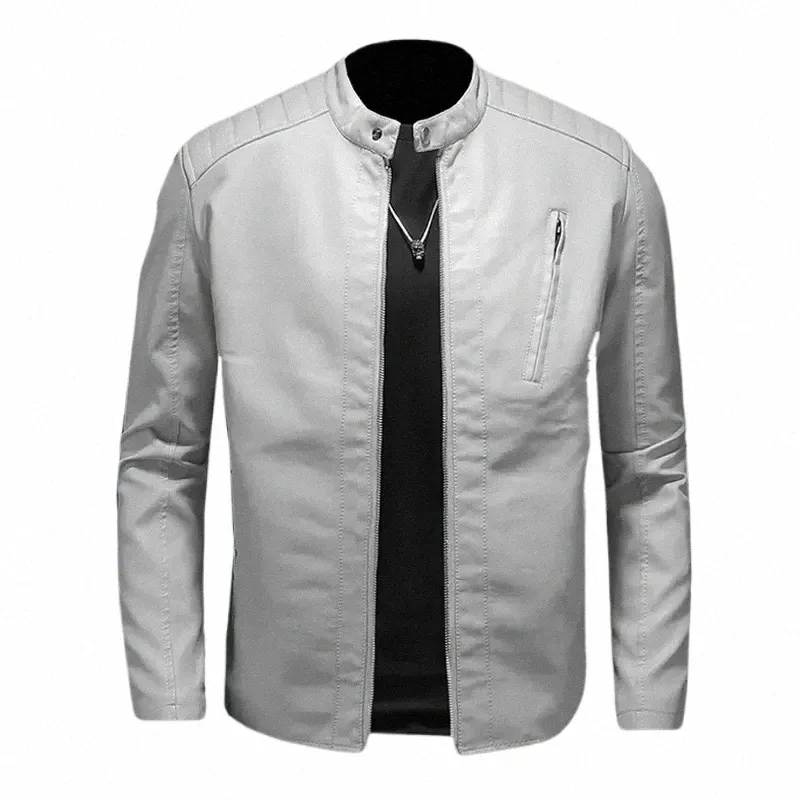 Veste en cuir de moto décontractée pour hommes, col montant solide, vestes blanches tendance coupe-vent, manteau Streetwear en Faux cuir, vêtements d'extérieur 90P9 #