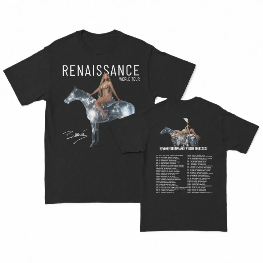 mężczyźni kobiety 2023 Beyce Renaissance Shirt Merchandise World Tour Cott Tops Dwie boki Krótkie rękawowe koszulki okrągłe