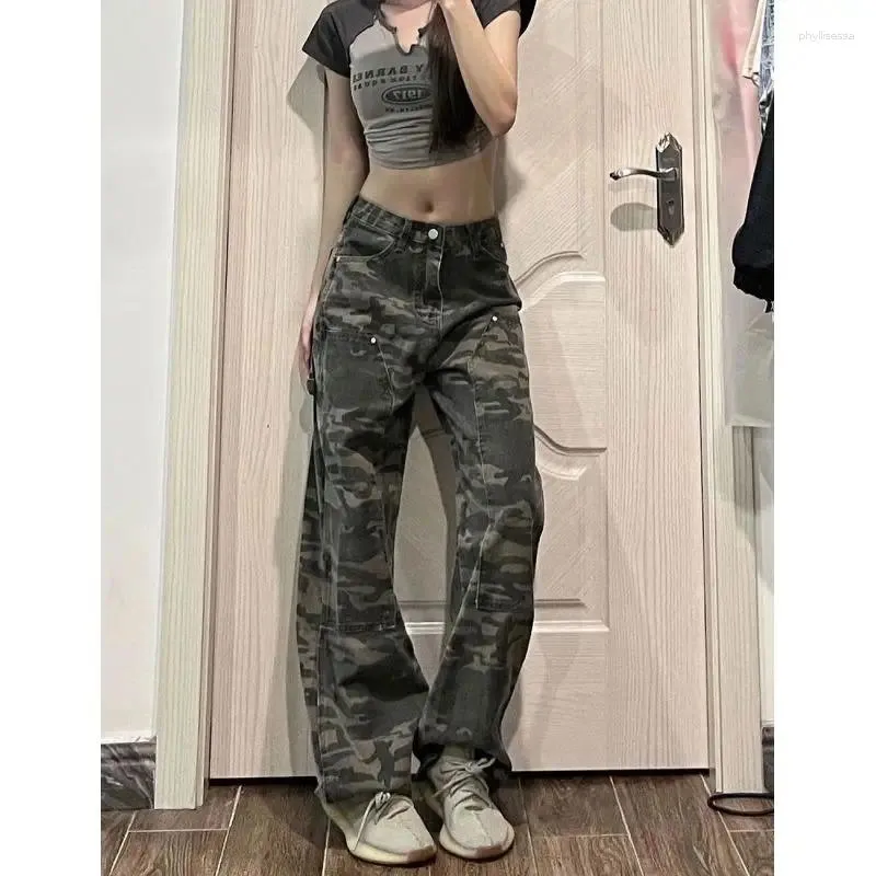 Women's Jeans Camouflage Army Green Vintage Cargo Pants American Loose Wide Leg Pantalones Y2k Women Straight Trousers Safari Style Preppy