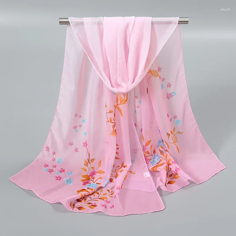 Foulards 2024 Femmes Mode Mousseline de soie Imprimer Écharpe pour Musulman Hijab Pivoine Fleur Bandana Été Plage Sarong Châle Crème Solaire 150x50cm