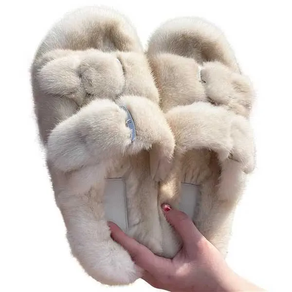 Talltor till tofflor Högkvalitativ Europeisk lyxanläggningshotell Fasion 100% Mink Leather Slide Womens Fur Soes Flat H240326KRFD