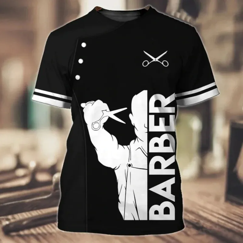 Mens 3D Baskı T-Shirt Özelleştirilmiş Berber Mağazası İş Takımı Günlük Kısa Kollu Kazak Yaz Moda Satışı 240313