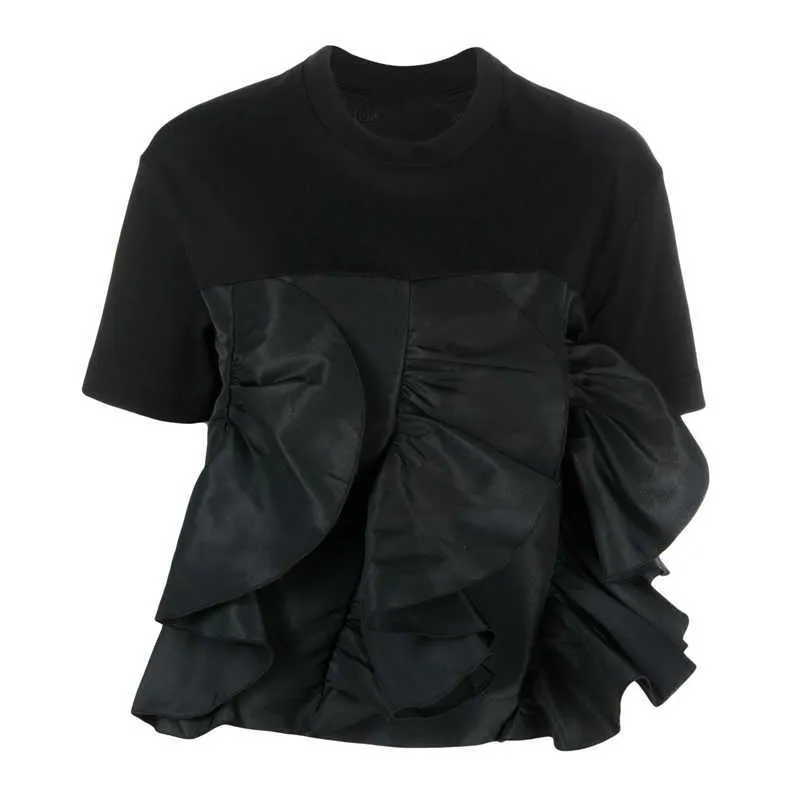 Oem O-neck Short Sleeve Patchwork Ruffled Panelled T-shirt Women