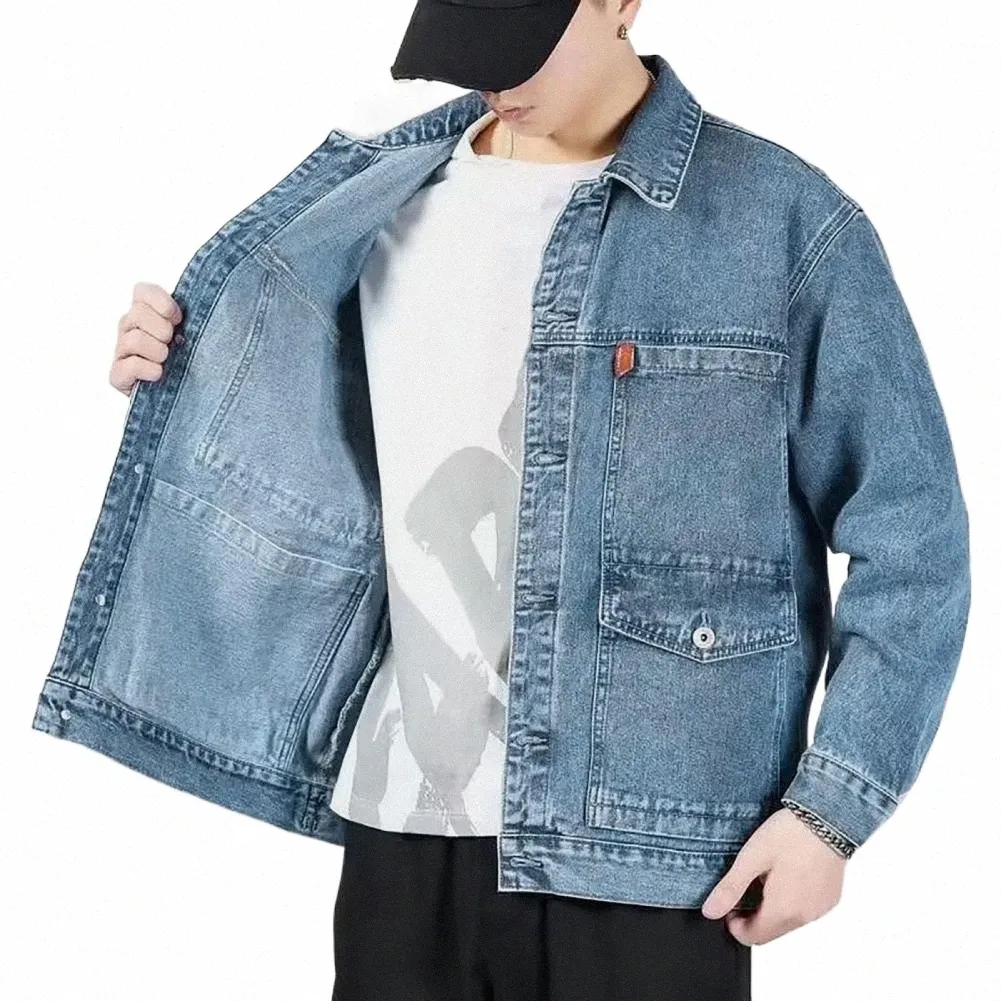 Veste en jean épais hommes printemps automne poche lâche cardigan à simple boutonnage grande taille mi-longueur hommes denim manteau E3VD #