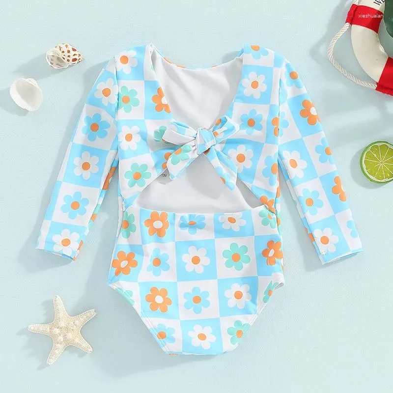 Conjuntos de roupas Jeqckloves infantil bebê menina maiô floral nó manga longa maiô criança swimwear rash guard