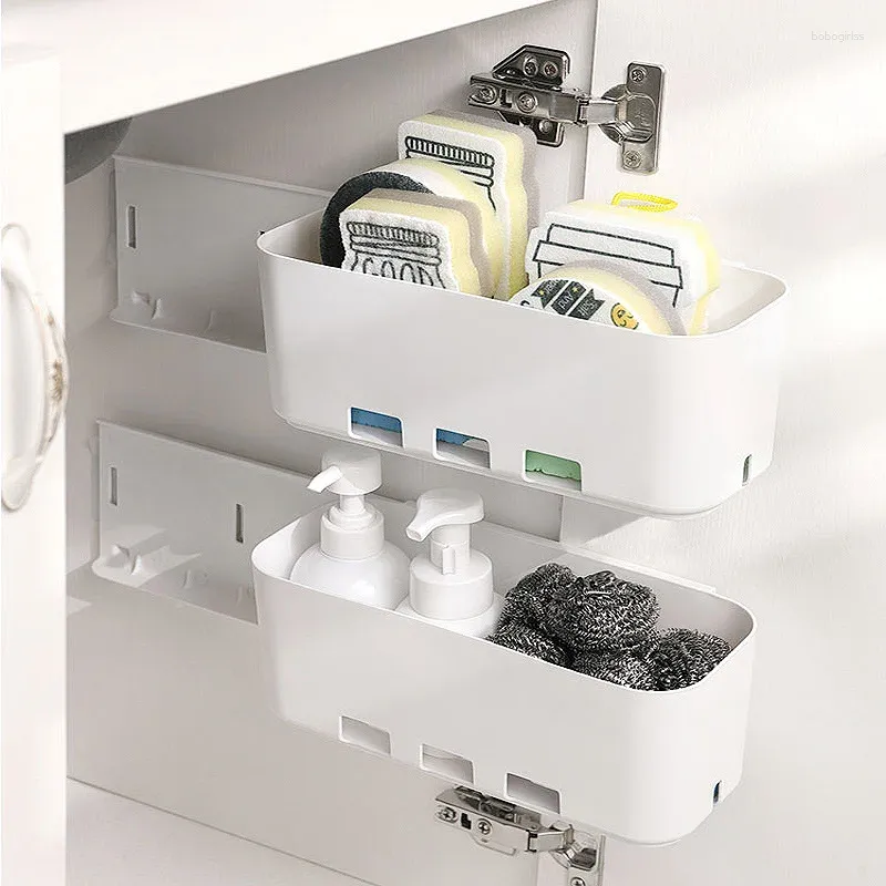 Hooks 2pcs Kitchen Under Sink Storage Box Spices Condiments Organizers Bathroom Racks Household Pull-out Cabinet Side Organizer