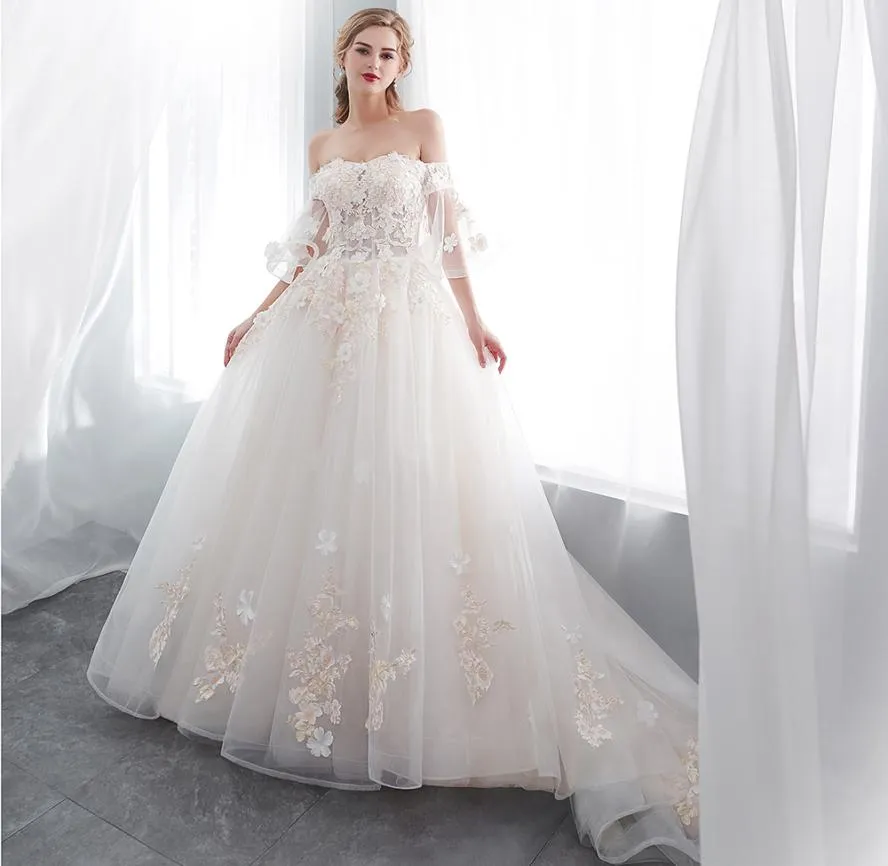 abiti da sposa a trapezio in pizzo con spalle scoperte eleganti maniche corte in tulle con applicazioni di strass in rilievo abiti da sposa da sposa cps10031084254