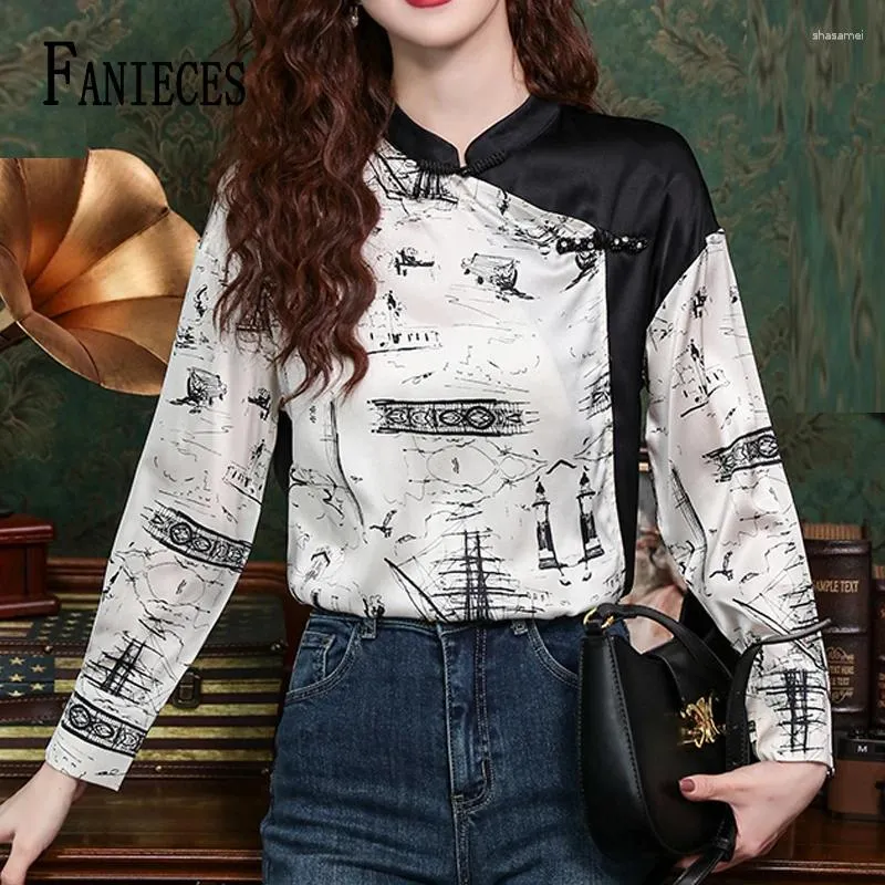 Kvinnors blusar Faniece Elegant Fashion Floral Print Blue Spring Autumn Office Lady Business Casual Shirt Långärmad toppar Blusa 1707