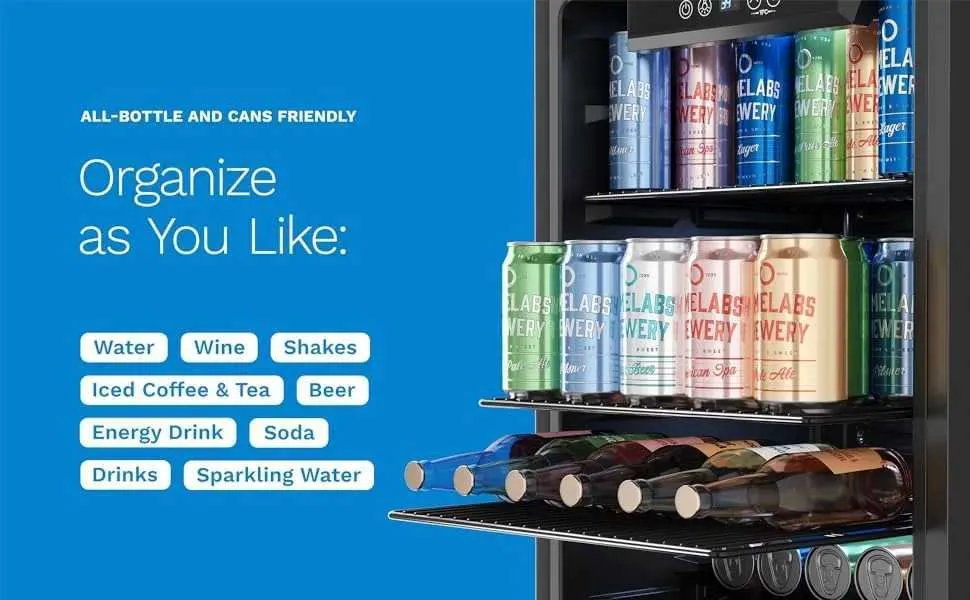 A Beverage Cooler with a Blue Background and a White Text That Reads Organize as You Like