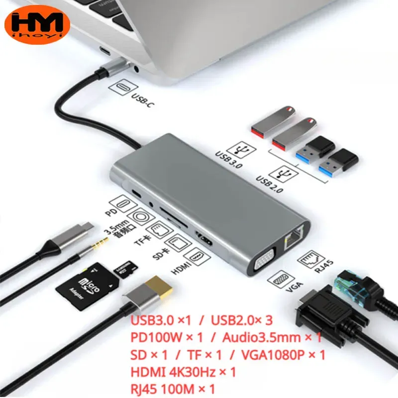 HUBS Oryginalne USB C Hub 3.0 Docking Station Splitter Kilka portów typu C prostownik USB koncentrator Dock 4K dla Xiaomi Lenovo MacBook