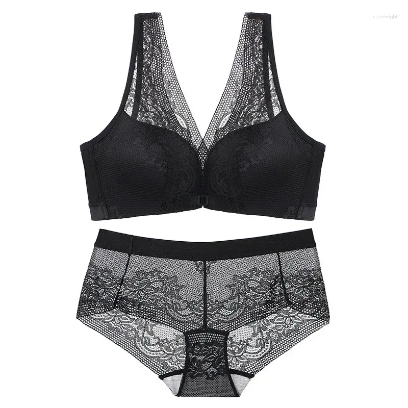 Conjuntos de sutiãs conjunto de sutiã feminino plus size push up sexy lace sutiã wirefree roupa interior fechamento frontal lingerie v back bralette