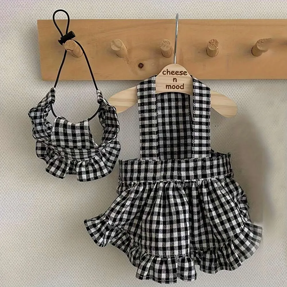 2PCS Plaid Print Dress Dress Ruffle Trime Zestaw Piękny pies kot letni spódnica ubrania na szczeniaki i kociąt