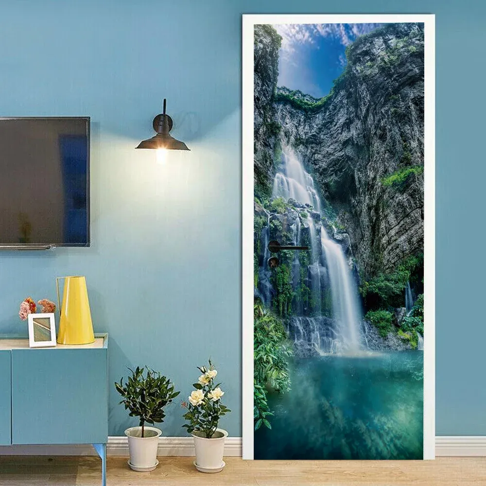 Klistermärken 3D Nature Waterfall Door Stickers Fall Wallpaper Mountain River Landscape PVC Selfadhesive Mural House Bedroom Decor Poster