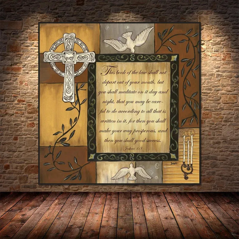 Vintage Caramel Scripture Cross Candles and Vines Poster Abstract Canvas Painting Wall Art Prints Picture Home Decor 240327