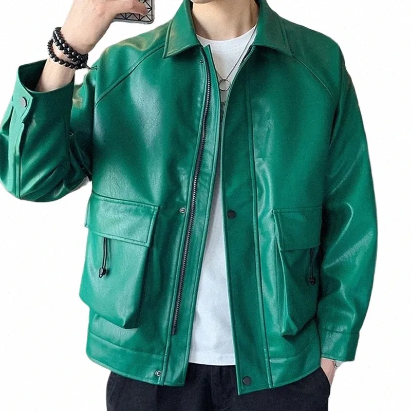 2023 Men's Vintage Motorcycle Oversized Faux Leather Jackets Male Trend High Street Big Pockets Bomber PU Green Coats Outerwear a1tL#