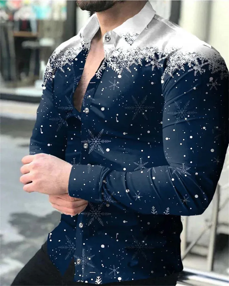 Mode snöflinga 3D tryckt skjorta s-6xl casual långärmad lapel cardigan club street cool mens topp sommartröja 240318