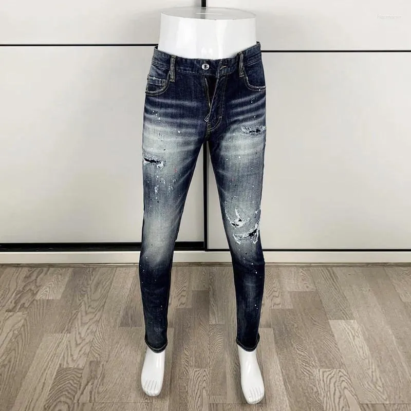 Männer Jeans Street Fashion Männer Hohe Qualität Retro Washed Blue Stretch Skinny Fit Ripped Vintage Designer Marke Hosen Hombre