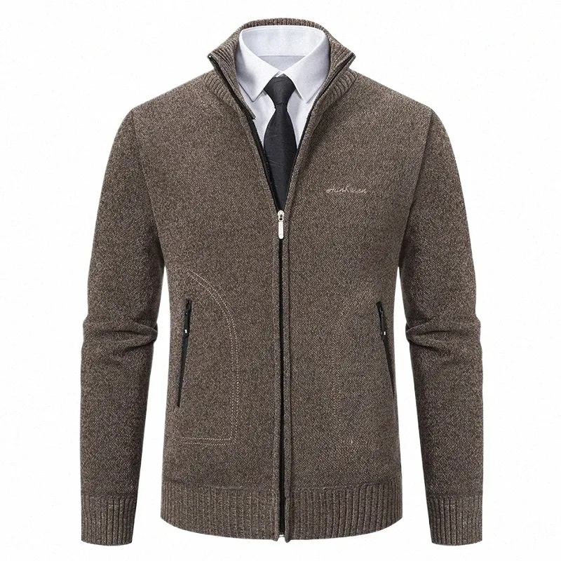 Otoño Primavera Suéter de los hombres Abrigo Chaqueta marrón Busin Casual Cuello alto Cremallera Abrigo Abrigo de lana Veet Jerseys Frío Sweatercoat S07m #