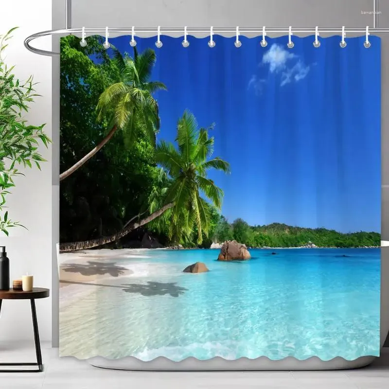シャワーカーテン海辺の景色カーテンブルーオーシャンビーチトロピカルウッズ屋外自然景観ポリエステルバスルームの装飾
