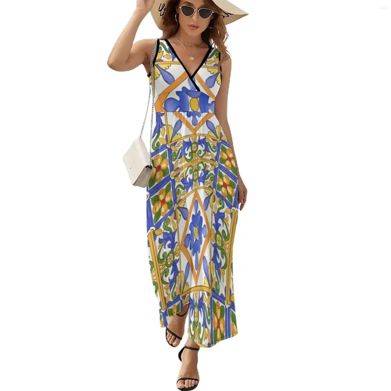 Robes décontractées Citrus Sicilian Style Summer Decor Modèle Robe sans manches Femmes 2024 Femme Mode Soirée Femme