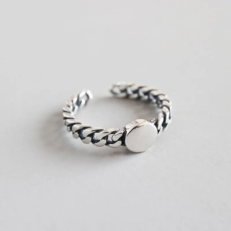 Com pedras laterais grande j.w na moda círculo plano retro corrente anel ajustável personalidade 925 anéis de prata esterlina para mulheres estilo coreano fino