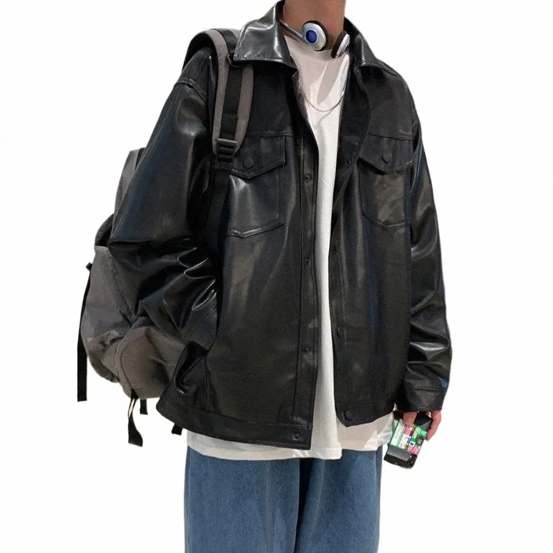 Black Faux Leather Jacket Men Autumn Mens Hip Hop Jacket Pu Leather Male Oversize Streetwear Korean Trend Jackets Coats H3F7#