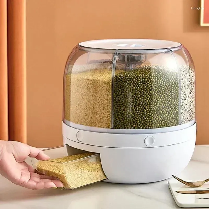 Bottiglie di stoccaggio Secchio Cereali 360 Contenitore per alimenti secchi Contenitore per riso Cucina Rotante Dispenser a prova di umidità Grado Sigillato Grano