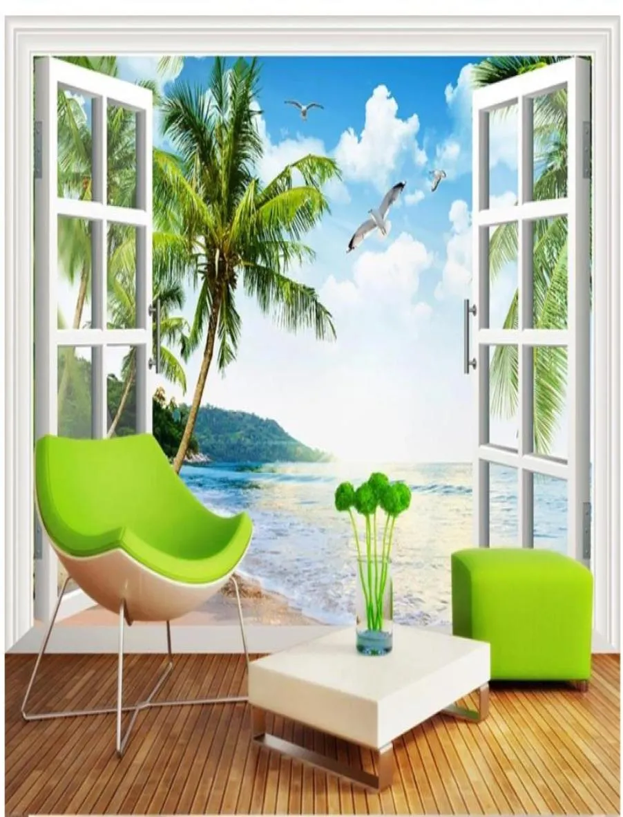 Fondo de pared de paisaje de ventana de mar, pintura de fondo 3D, fondos de pantalla de sala de estar modernos 8520342