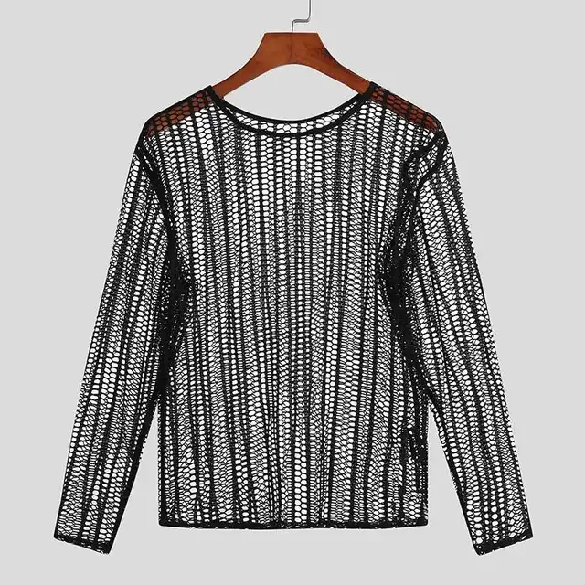 Mens Sexy Mesh T-Shirt: Sheer Long Sleeve Top, See-Through