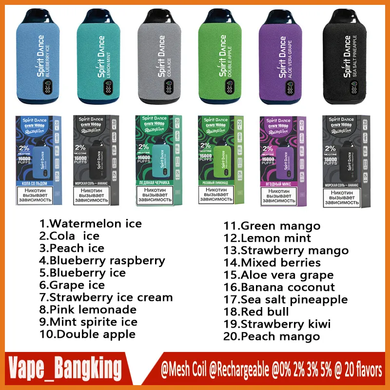 Original Spirit Dance 16000 16K Puffs Vape 650mAh Type-C Laddning 20 ml Förfylld pod med batteri och ejuice indiator 20 smaker 0% 2% 5% engångscigaretter