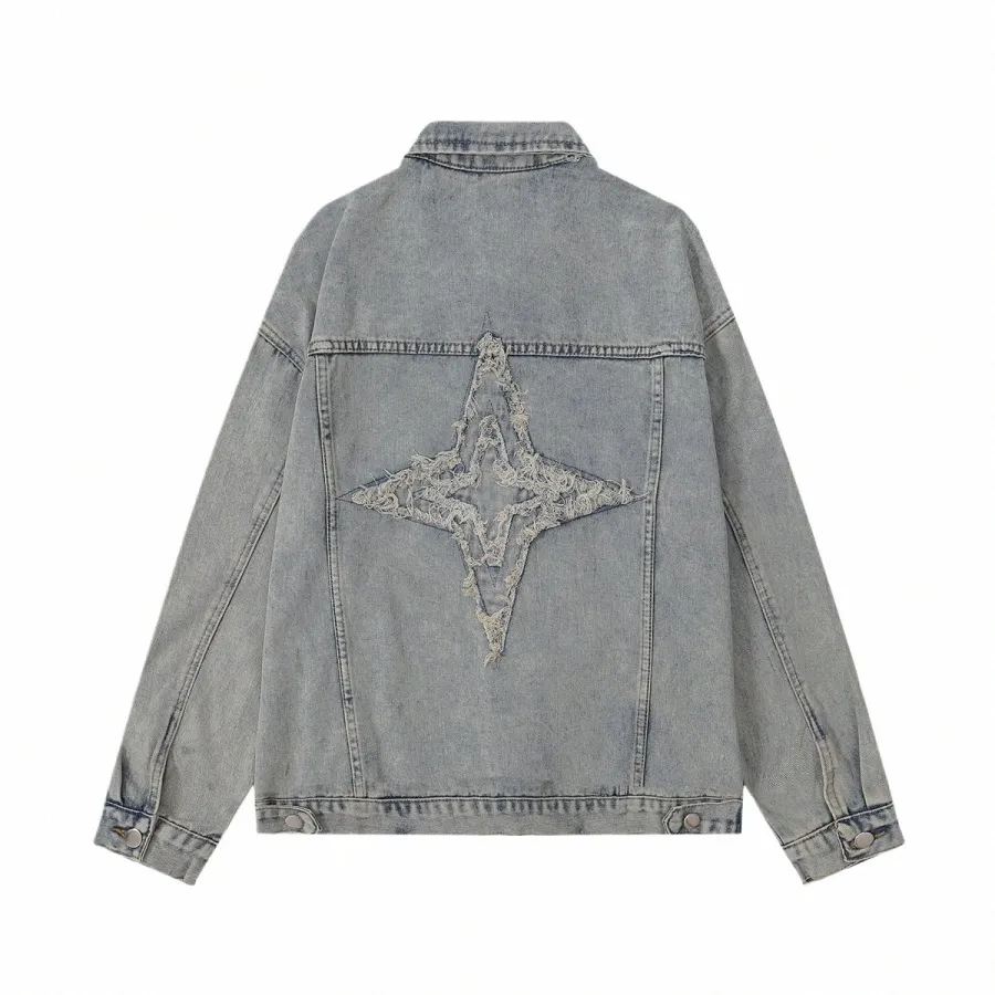 Ungdomskoder 2023 Stjärnbroderi Rippade Shabby Hole Denim Jacket för Man Cross Jesus Religious Vintage Jeans Outwear Coats Woman Q0wc#