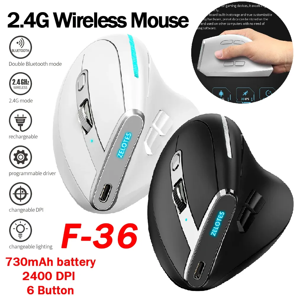 Souris F36 2.4G souris sans fil Blueray 6 boutons souris optique ergonomique programmation 2400 DPI souris de jeu rechargeables