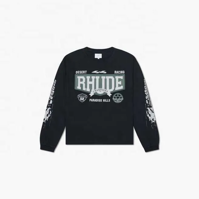 Anpassad tryckning Print Designer Rhude 4x4 LS Tee Plain Cotton Shirts Men Women Crewneck Long Sleeve Tshirts