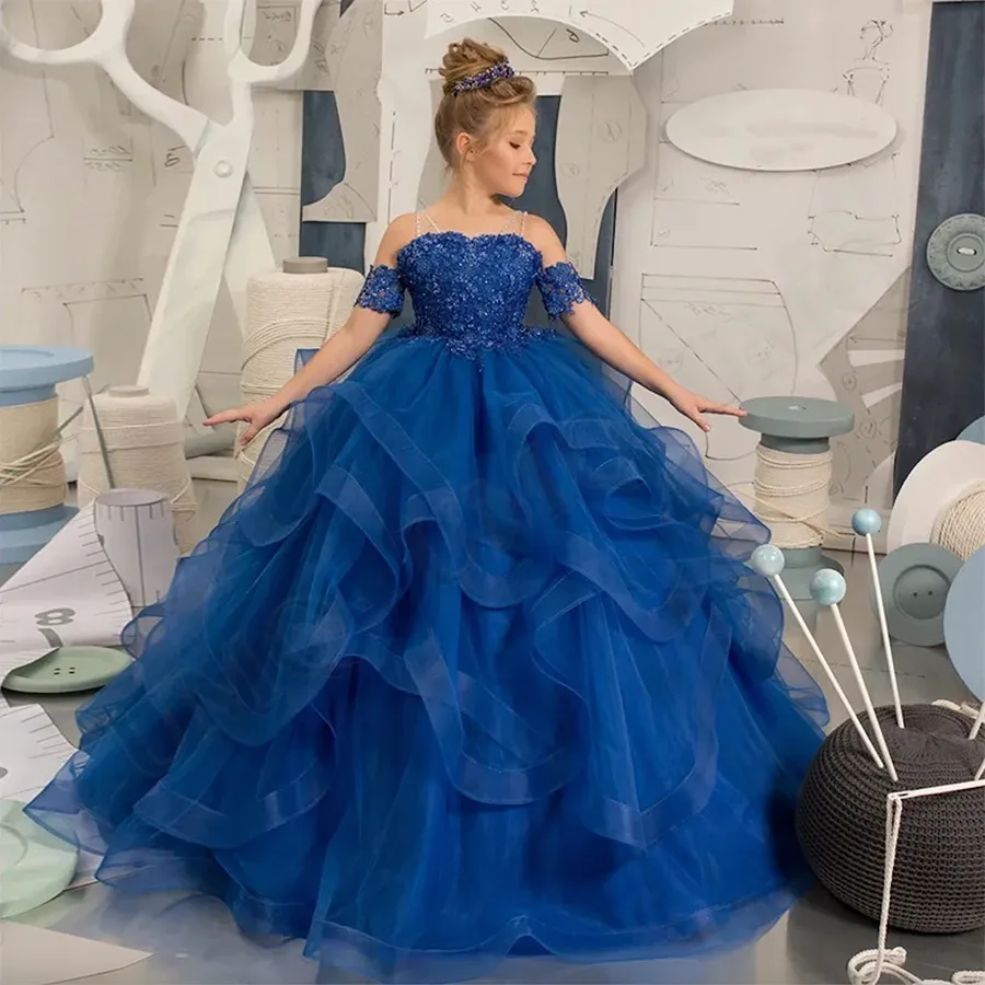 Robe à fleurs pour filles, en Tulle bleu Royal, bouffante, avec des Appliques superposées, manches courtes, pour mariage, fête d'anniversaire, Banquet, robes de princesse