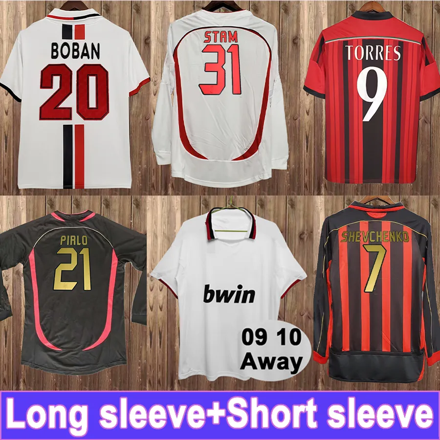 03 04 INZAGHI RUI COSTA REDONDO Maillots de football rétro à manches longues 06 07 SHEVCHENKO KAKA PIRLO NESTA GATTUSO MALDINI Home Away 3ème Chemises de football Uniformes