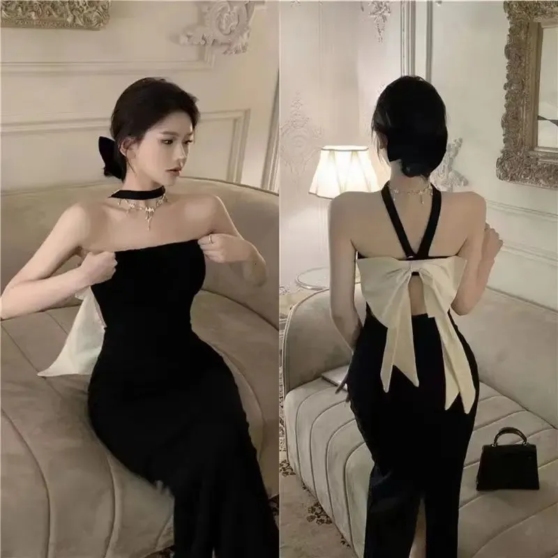 Svart halterklänning sommaren ren lust kryddklänning sexig båge backless slim-fit wrap höft split kjol klänning 240321