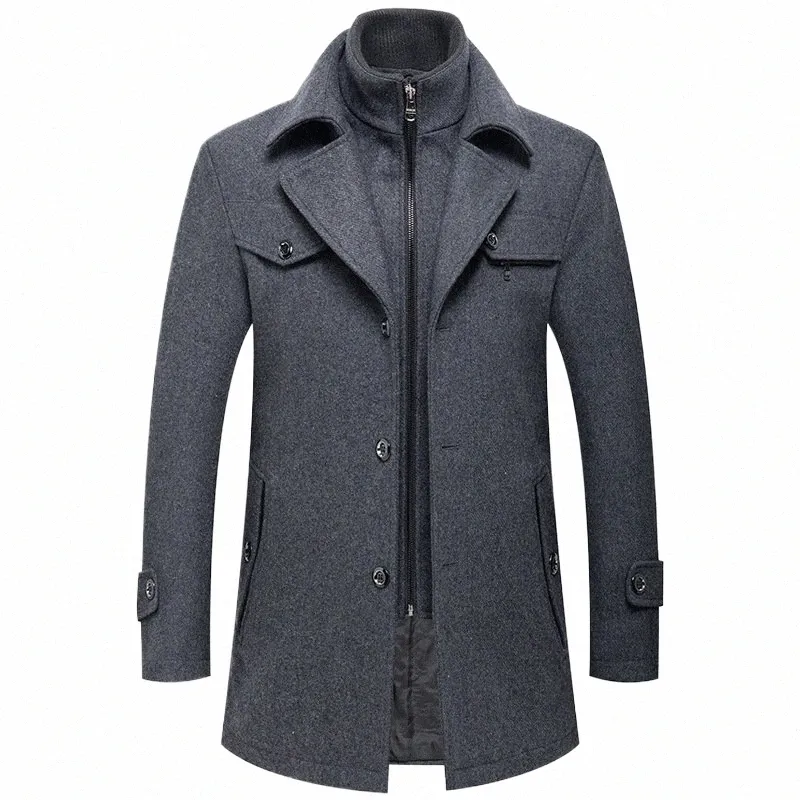 inverno uomo slim fit lana trench cappotti fi medio lg tuta sportiva mens doppio colletto cerniera tinta unita casual cappotti di lana A913 #