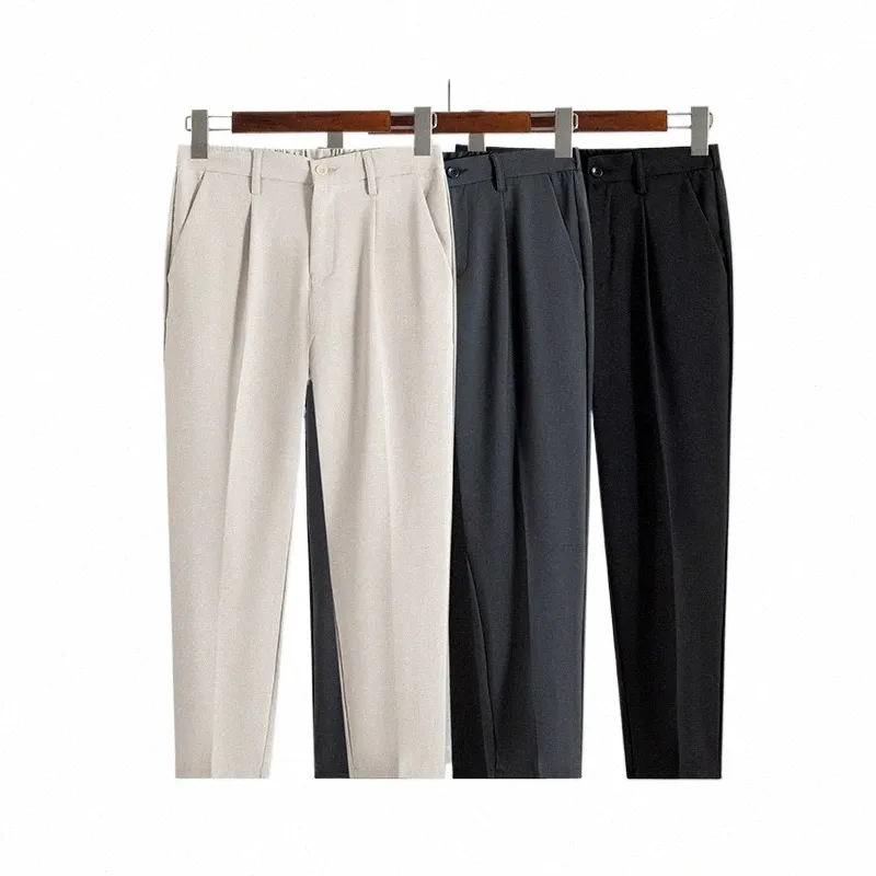 2024 Весенние новые мужские формальные брюки без IR, драпированные эластичные британские формальные повседневные зауженные брюки, черные, серые, абрикосовые p1jz #