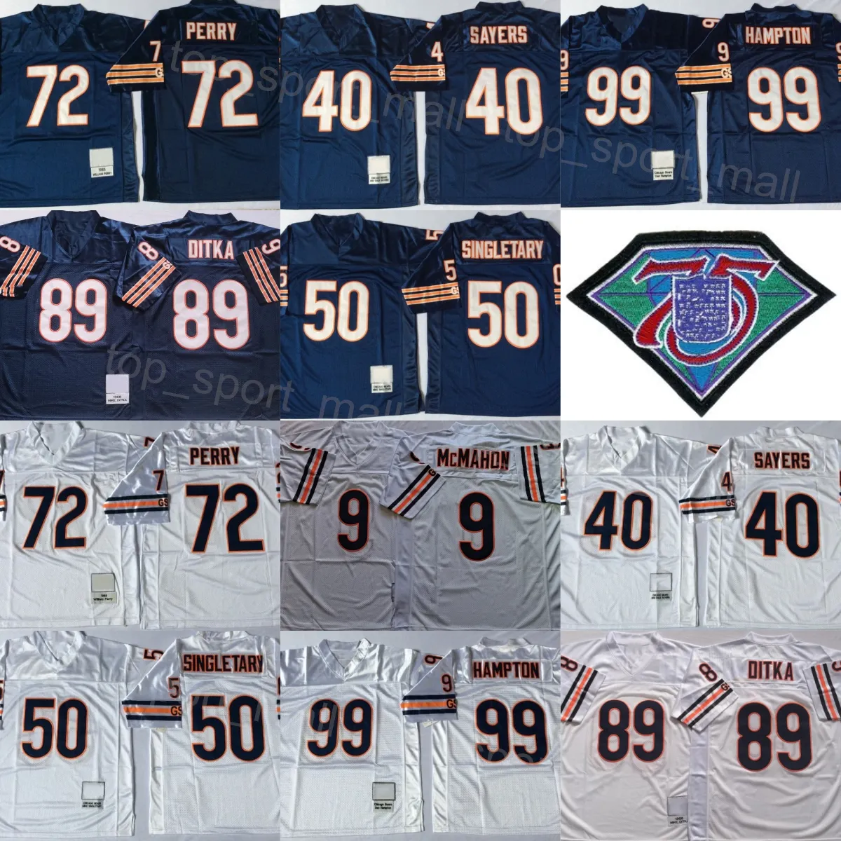 1966 1985 Football rétro 40 Gale Sayers Jersey 50 Mike Singletary 99 Dan Hampton 72 William Perry 89 Mike Ditka 9 Jim McMahon Vintage bleu marine blanc cousu 75e