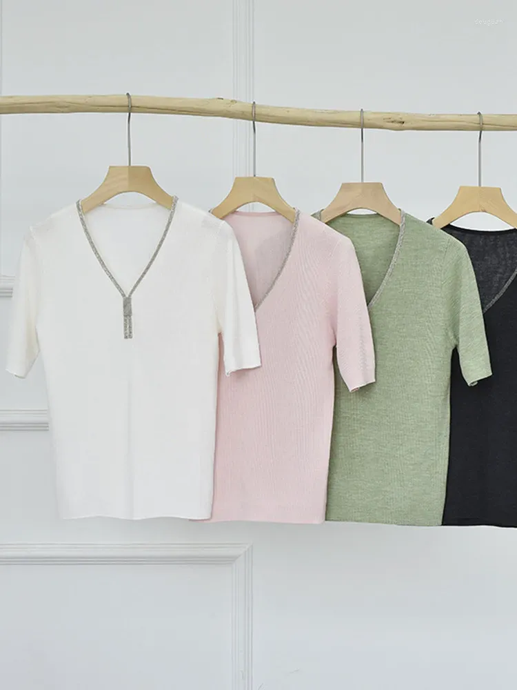 Женские футболки, 4 цвета, женская трикотажная футболка с бисером, весна 2024, тонкие простые женские футболки с v-образным вырезом и коротким рукавом из шерстяной и шелковой смеси