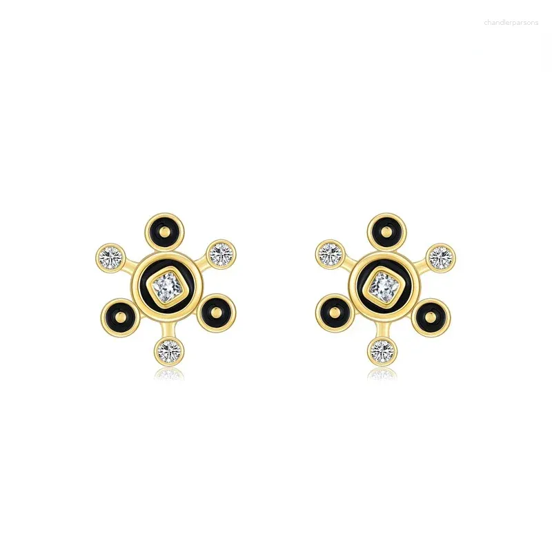 Pendientes De Botón STL S925 Plata De Ley Girasol Esmalte Negro Para Mujeres Con Un Dulce Estilo Europeo Y Americano Fresco Exquisito