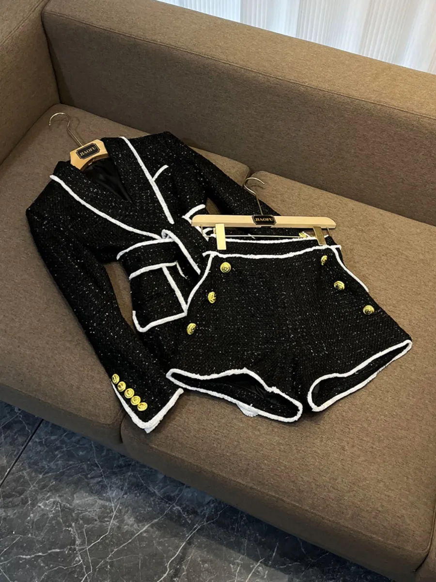 Chic Contrast Two Piece Tracksuit Set - Spring Tweed Coat & Shorts ...