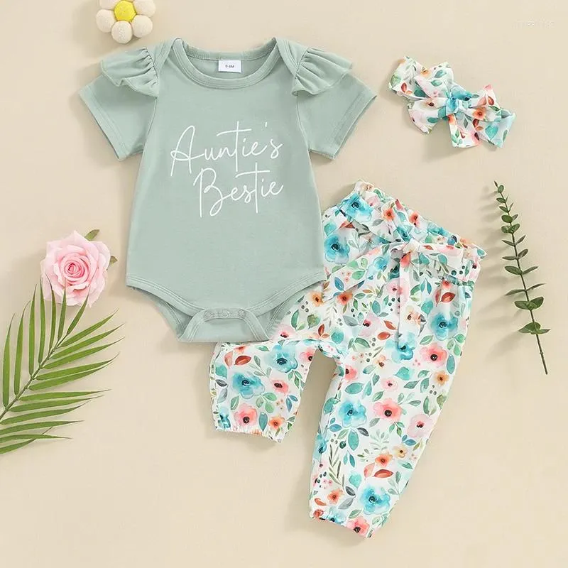 Kläderuppsättningar födda flickor kläder set Summer Short Sleeve Letter Print Romper Flower Pants pannband 3st -outfit spädbarn