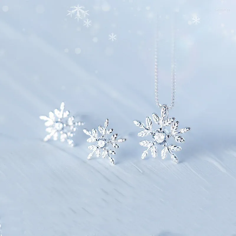 Collier et boucles d'oreilles en argent Sterling 925 pour femmes, ensemble de bijoux à la mode, pendentif flocon de neige, fleur de neige, cadeau de noël