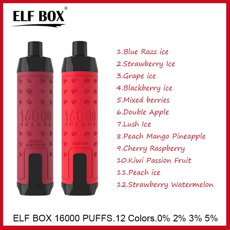 Authentic Original Elf Box Shisha 16000 Puffs Puff 16k Disposable Vape LED Display Mesh Coil E Cigarettes Adjustable Airflow Pre-filled 28ml E-liquid Rechargeable