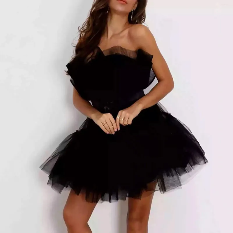 Casual Dresses Womens Croped Prom Dress Princess Mini Strapless Mesh Pleated Cocktail elegant bollklänning Formell för kvinnor