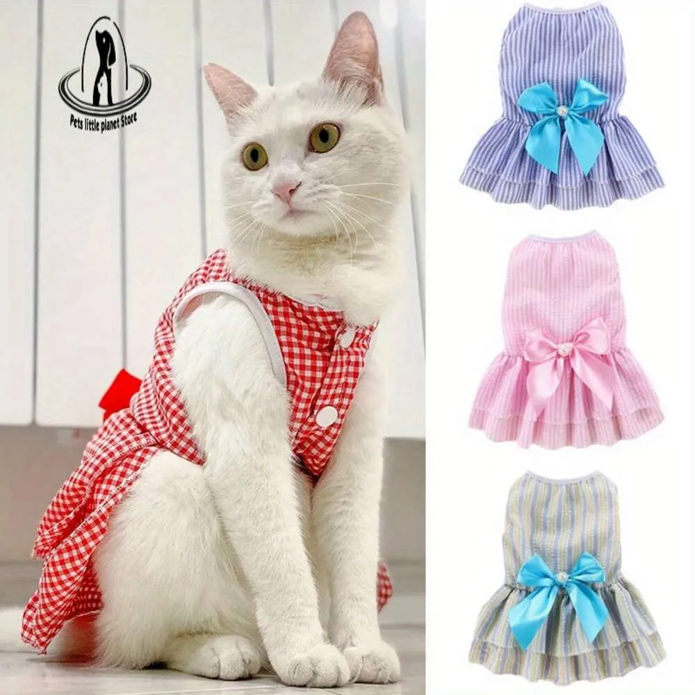 Katze Welpen Prinzessin Kleid, Sommer Haustierkleidung, gestreifte karierte Kleider mit Bogen für Katzen Kätzchen Kaninchen Sphynx Kleidungsstück Hundekleid